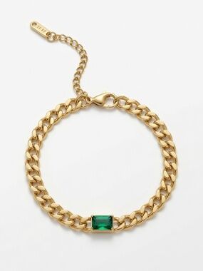 Emerald Green CZ Stainless Steel Cuban Link Bracelet  (6.1" + 2" Extension)